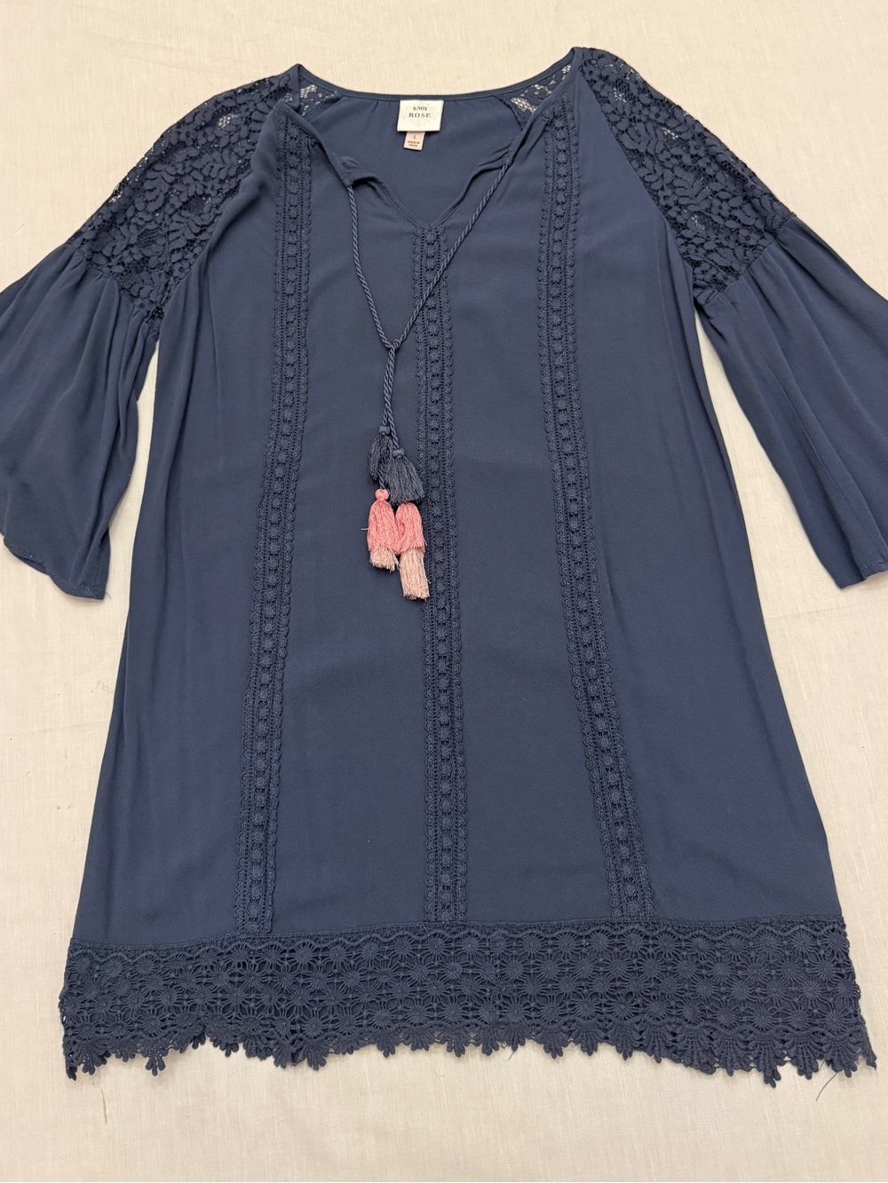 Knox Rose Navy Tassel-Trim Crochet Midi Dress